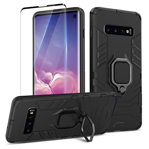 Btstring Coque pour Samsung Galaxy S10 4G avec Verre Trempé, Etui de Protection Antichoc de Qualité Militaire, Housse avec Anneau Support Métallique, Support de Voiture Magnétique Case, Noir