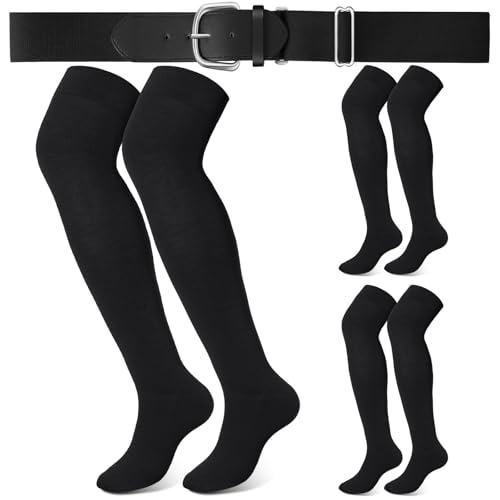 Hicarer 3 Pairs Football Socks over the Knee Set Extra Long Baseball Socks Softball Socks with Belt for Youth Men Women