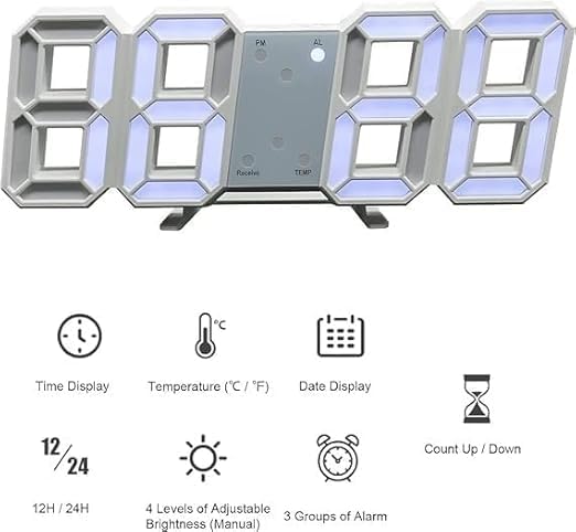Image of Dangfly Digital LED Clock, White, Rectangular, 3D Display, Wall Mountable and Table Clock for Bedroom and Living Room, Corded Electric(Works on Electricity Only)