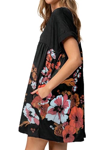 Image of Jayscreate Women's Baby Doll Dress Summer Casual Tunic Pleated Flowy Swing Short Sleeve Black V Neck Mini Dress