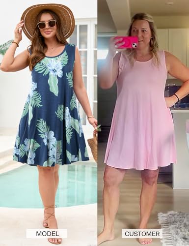 Image of JollieLovin Women Plus Size Curvy Summer Tank Sun Dresses Sleeveless Causal T-Shirt Dress Beach Swing Cover up(L-5X)