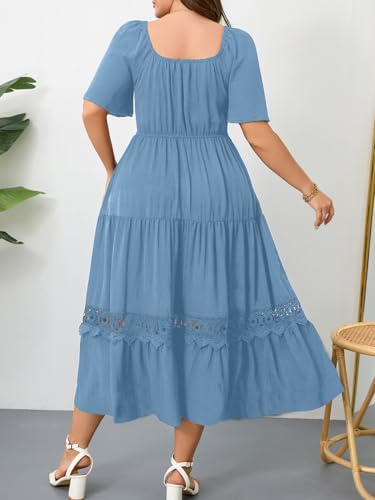 Image of RWJ Women's Plus Size Maxi Dress Short Sleeve Square Neck Flowy A-Line Lace Trim Flutter Party Casual Off Shoulder Dresses