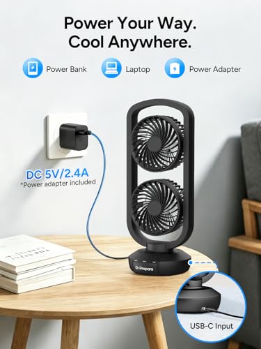 Image of DR.PREPARE Dual Oscillating Tower Fan with 270 Tilt, 105 Oscillating, 3 Speeds and 3 Auto-Off Timer, Portable USB Powered Desk Fan for Bedroom Office Home Desk, Powerful Airflow 15 Inch