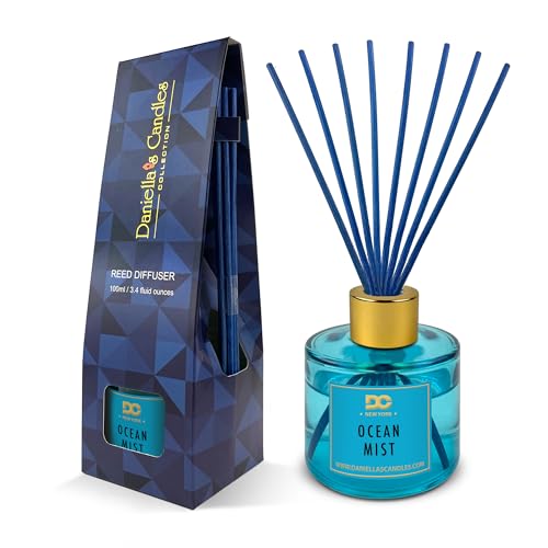 Daniella's Candles Reed Diffuser Set, Ocean Mist Scented Oil, Includes 8 Rattan Blue Sticks, All Natural Oil Diffuser, Home Décor and Office, 100ml/3.4oz