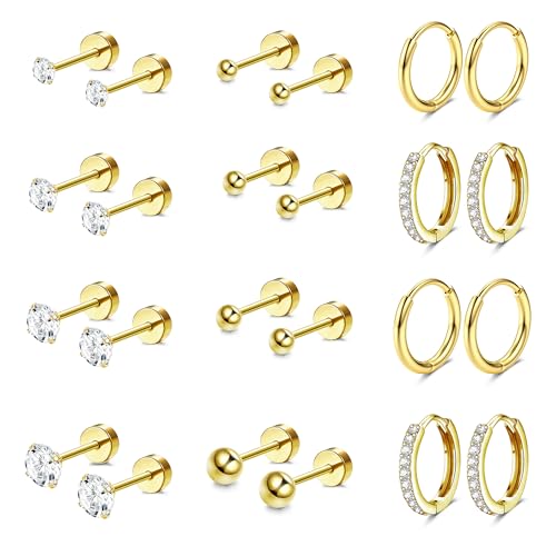 Diamday 12Pares Pendientes Mujer Acero Quirurgico Pendientes Dorados Piercing Oreja Pendientes Aro Plata Helix Cartílago Tragus Pendientes Pequeños Aros Juego Mujer Múltiples Piercings Hipoalergénicos