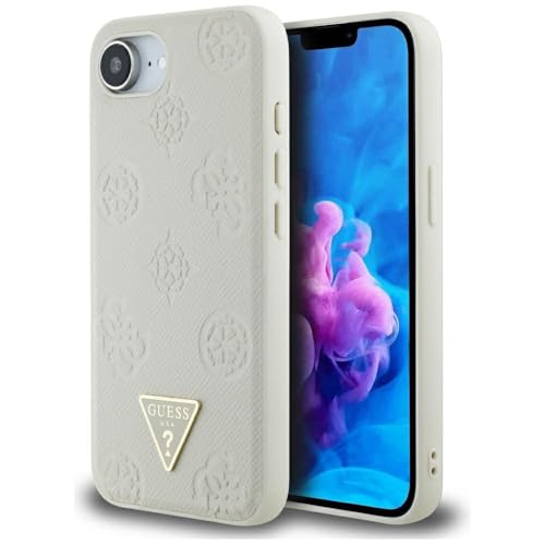 CG Mobile Guess Grained Hot Stamp Pivoine Triangle Logo Compatible avec MagSafe Coque pour iPhone 16e (Beige)
