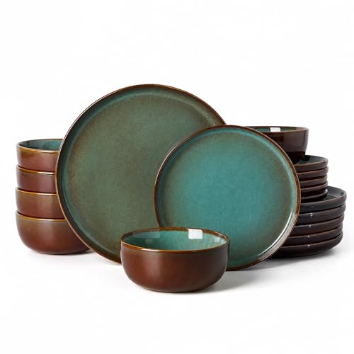 Image of Famiware Milkyway Stoneware Dinnerware Set, 18-Piece, Double Reactive Glaze, Plates and Bowls, Service for 6, Microwave and Dishwasher Safe, Scratch-Resistant, Moss Green & Cocoa