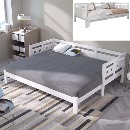 Sweiko Lit de Jour 90 * 190cm Extensible en pin Massif, lit gigogne pour Adolescent,avec sommier à Lattes, Design en Forme de cœur, Blanc