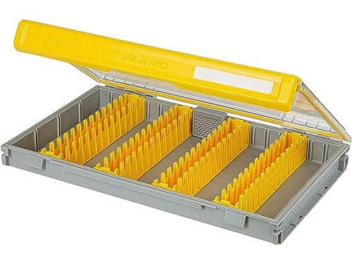 Image of Plano Edge 3700 Vertical Jig & Spybait Box Tackle Storage, Gray and Yellow, Holds Up to 52 Vertical Baits, Rust-Resistant and Waterproof Bait Organizer Box