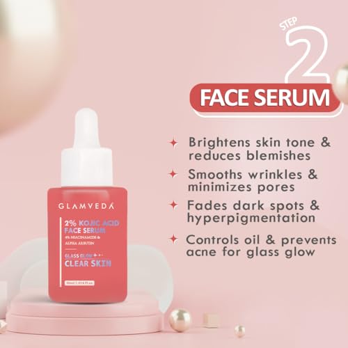 Image of Glamveda 5 Step Skincare + Coverage Set - Includes 2% Kojic Acid Facewash, Spot Corrector, Serum, Cream & BB Cream (Fair Tone) for Dark Spot Correction | Oil Control | Hydration and Flawless Finish.