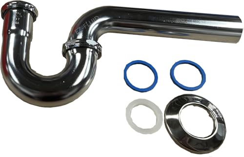 EZ-Fluid 1-1/2' Thick Heavy Duty 17 Gauge Kitchen Sink Chrome Brass P-Trap w/Brass Nuts & 1-1/2' x 1-1/4' Reducing Washer, for Sink Waste Drain P-Trap Tubular Kit, Commercial Grade