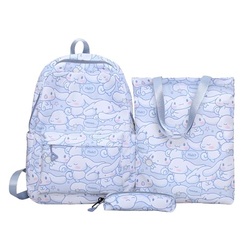 Conjunto de mochila Hello Kitty Sanrio 3pcs, bolsa de ombro Kuromi Tote, mochila casual ao ar livre com saco de lápis (Cinnamoroll)