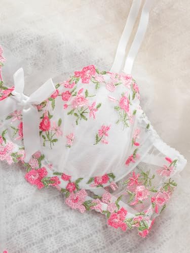 Image of Sexy Floral Embroidered Flower Mesh Underwire Push Up Lingerie Set