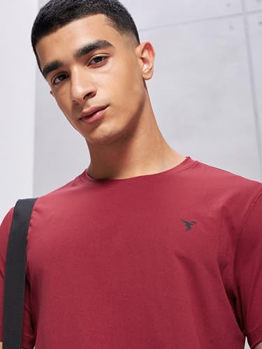 Image of TECHNOSPORT Men's Slim Fit Solid Crew Neck T-Shirt, Cotflex Quick Dry Wrinkle Resistant Polyester Sports Tee for Gym, Running, Training, Sports