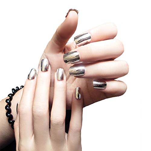 Micup Short Square Fake Nails Tips Kit Mirror Silver Bright UV Gel Nail Art Salon Full Cover Acrylic False Nails - 24Pcs Artificial Manicure Set