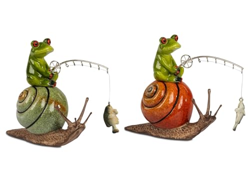 formano 2er Set Frosch Angler auf Schnecke mit Fisch 18 cm Dekofigur Serie Froschhausen | glänzende Polyresin Tierfiguren | humorvolles Geschenk für Angler & Gartenfreunde