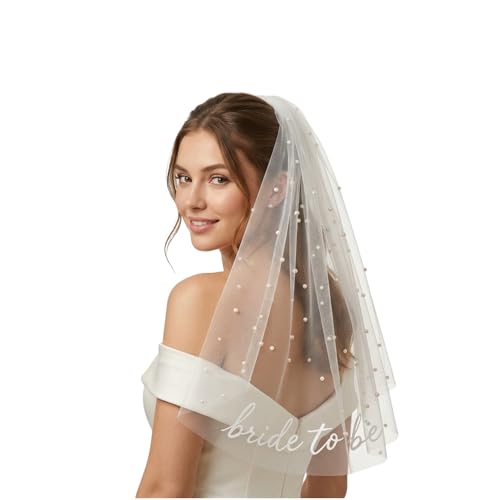 Bride to Be Veil Schleier Braut Bridal Shower Decorations Hen Do Party Accessories with Hair Clips and Pearl White Bow Wedding Veil Deko Engagement Gifts SchäRpe for Bachelorette JGA Women Girls (A)