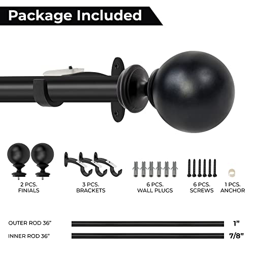 Image of Deco Window 36 to 66 Inch Adjustable Curtain Rod for Window & Door with Ball Finials Extendable Iron Pole for Home Hotel Living Drawing Room (1 inch Diameter, Black)