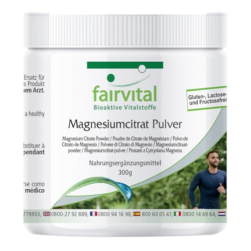 fairvital magnesiumcitraatpoeder 300 g, ideaal voor sporters, hoge biologische beschikbaarheid, op kwaliteit getest en hoog gedoseerd, 100% veganistisch, Made in Germany