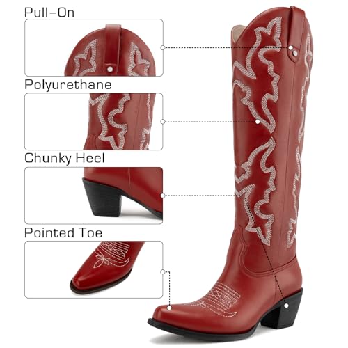 DREAMCIA Womens Red Cowboy Knee High Boots With Pointed Toe Block Heel Faux Leather Shoes for Wedding Concert4