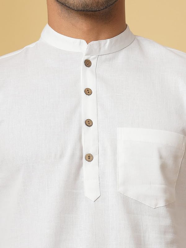 Image of Vastraa Fusion Men's Handloom Weaving Pure Cotton Short Kurta, Round Collar, Full Sleeves,Button Kurta, Ethnic Wear
