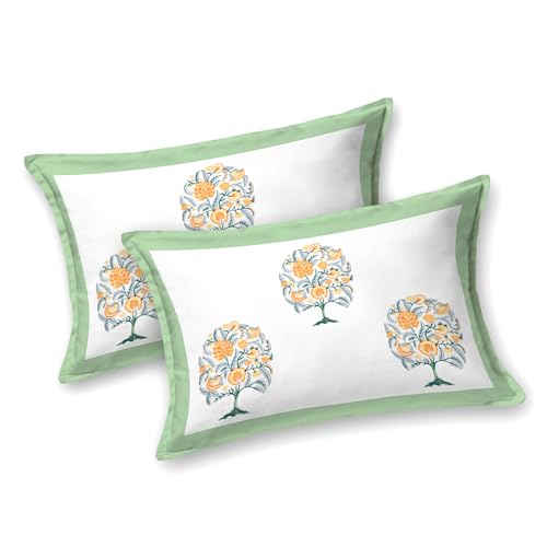 Image of DE CAMA 100% Cotton 300 TC Premium King Size Bedsheet for Double Bed (90x108 Inch) with 2 Pillow Covers (17x27 Inch) | Breathable Designer Printed Bedding Set | Luxury Set for Bedroom Use - Green