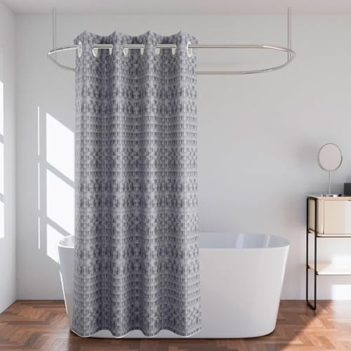 Image of Kuber Industries 7 Ft Waterproof Check Eyelet Shower Curtains for Bathroom | Washroom Partition Screen & Wall Divider Parda for Bath | Grey