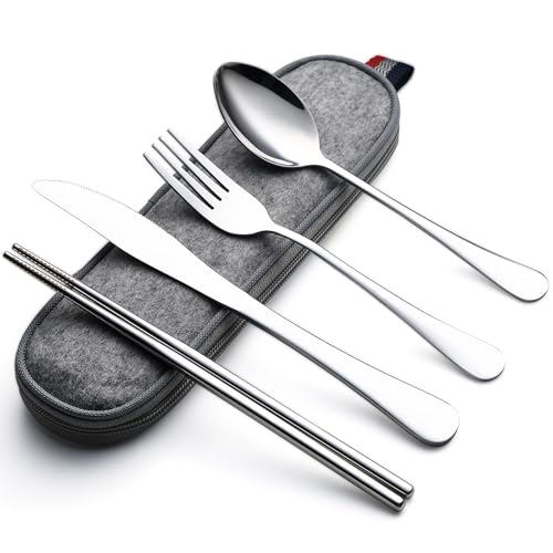 DEVICO Camping Utensils, Portable Travel Utensils with Case, Stainless Steel Reusable Silverware for Lunch Adult, 5Pcs Cutlery Set Includes Knife Spoon Fork Chopsticks and Case (Silver)