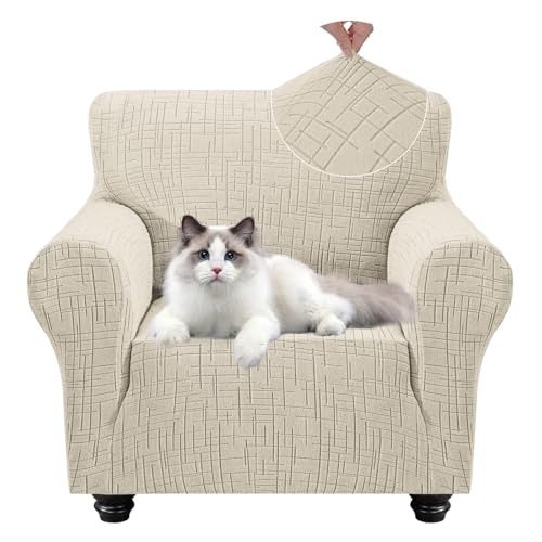 YSTELLAA Housse De Fauteuil 1 Place avec Accoudoirs, Housse Canape Extensible, Housses De Canapé Lavable, Sofa Cover Antidérapante pour Salon, Animaux Domestiques, Beige