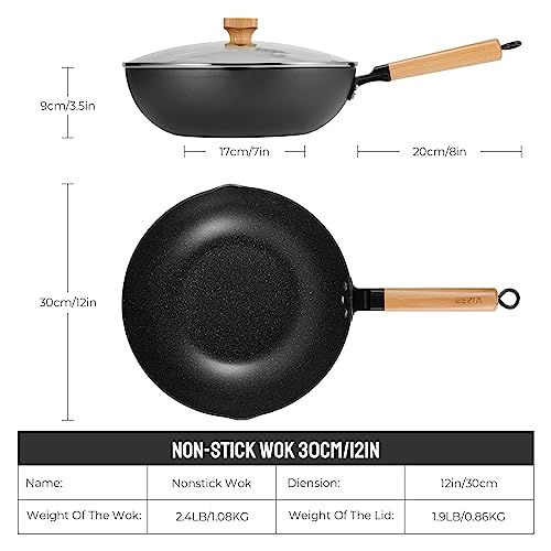 Bezia Nonstick Wok With Lid, Inductions Wok Pan Non Stick, 12Inch Stir-Fry Pan And Non Stick Frying Pan With Detachable Wooden Handle, Compatible All Stoves #TOP5