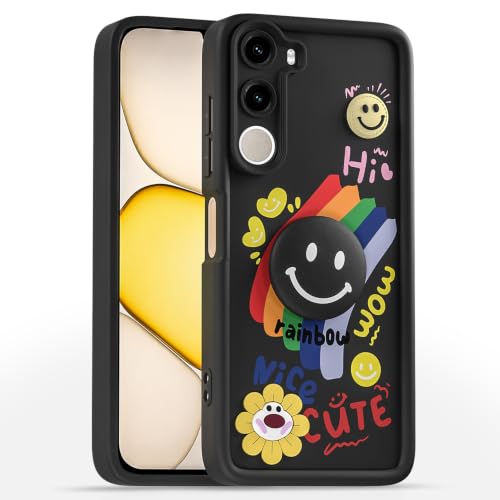 Image of Pikkme Back Cover for Realme C100x | Soft Silicone| Cute Rainbow Smile & 3D Cartoon Flower Design | Shockproof Raised Camera Protection Bumper Case (Black)