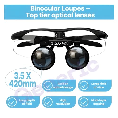 Image of Dental Surgical Working Distance Optical Binocular Glass Loupes with led Head Light & Battery in Filter Aluminum Box Style (Silver) (Magnification: 3.5 X4.20mm)