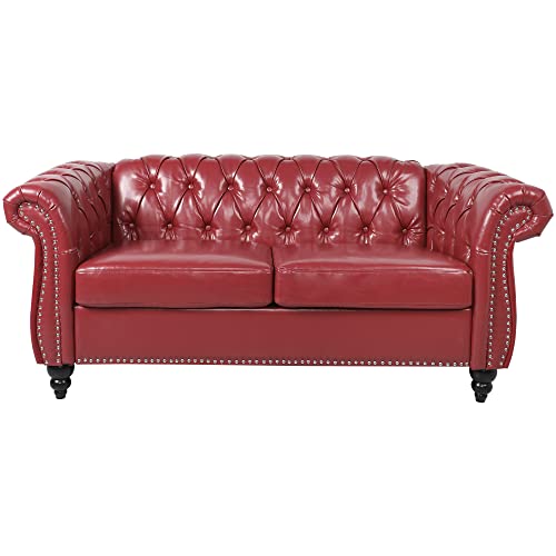 Image of ORRD Chesterfield Loveseat, Modern Leather Sofa Tufted Couch 2 Seater with Rolled Arms and Nailhead for Living Room, Bedroom, Office, Apartment (Burgundy)