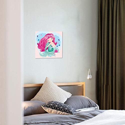 The Little Mermaid Pink Home Decor Canvas Framed Wall Art For Bedroom Bathroom Pictures Watercolor Nursery Wall Decor For Girls Bedroom Artwork For Walls Kitchen Modern Home Wall Decoration Size 14X14 #TOP6