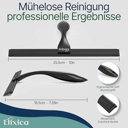 Premium Duschabzieher Edelstahl 25 cm – Duschabzieher Schwarz Silikon mit Halterung, Shower Squeegee, Abzieher Dusche & Fensterabzieher, Wasserabzieher für Duschkabine, Glas, Fliesen & Spiegel