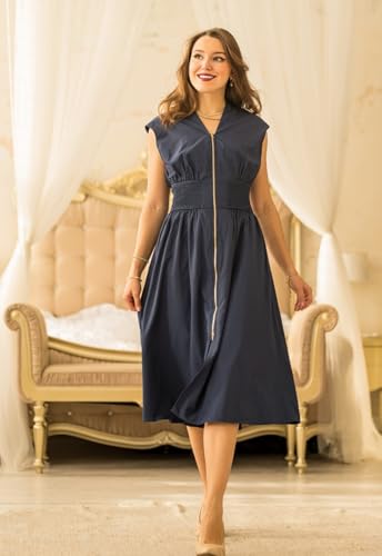 Image of GRACE KARIN Womens Summer Casual Dress, Business Office Work Dresses, Cap Sleeve Zipper Front Flowy Midi Dress with Pockets
