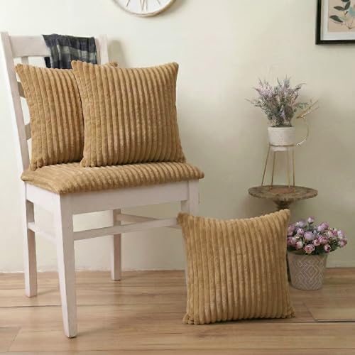 Image of Yellow Weaves Pencil-Stripe Fur Cushion Covers | Soft Polyester | Decorative Sofa & Throw Pillow Covers | 16x16 Inches, Pack of 3 (Golden Brown)