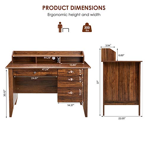 Computer Desk with 4 Drawers and Hutch Shelf, Executive Desk Home Office Desk Writing Sturdy PC Laptop Notebook Desk, Spacious Desktop Vintage Style Golden Cherry