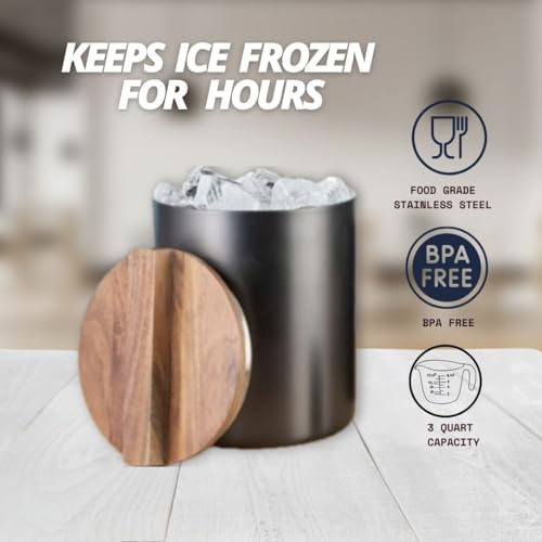 Image of The Empty Space Double Wall Insulated Stainless Steel Ice Bucket in Nickle Finish with Acai Wood Lid.[2.8L] Cocktail Bar, Wine Bottle, Home Accessories, Parties & Champagne Bucket