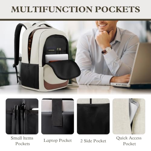 Image of Travel Laptop Backpack 17 Inch, Professional Travel Backpack for Men Women with LifetimeWarranty, Airline Approved Big Large Business Work College Computer Backpack, White Brown