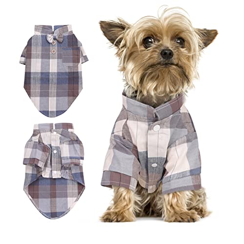Dog Shirt, Plaid Dog Clothes Boy Girl Outfit with Bow Tie, Casual Cozy Cat Shirt Clothes Tee, Breathable Pet Apparel Polo Puppy T-Shirt, Spring Fashion Coat for Small Medium Dogs, XL