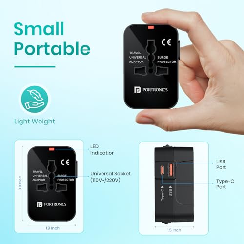 Image of Portronics Juicemate Universal Travel Adapter with 20W Type C PD & 18W USB-A Output Port, All in One International Travel Fast Charging Adapter, Suitable for 200+ Countries US,UK,EU,AUS,Etc(Black)