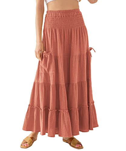 Amazhiyu Womens Maxi Boho Skirt Summer Flowy Renaissance Skirt with Pockets