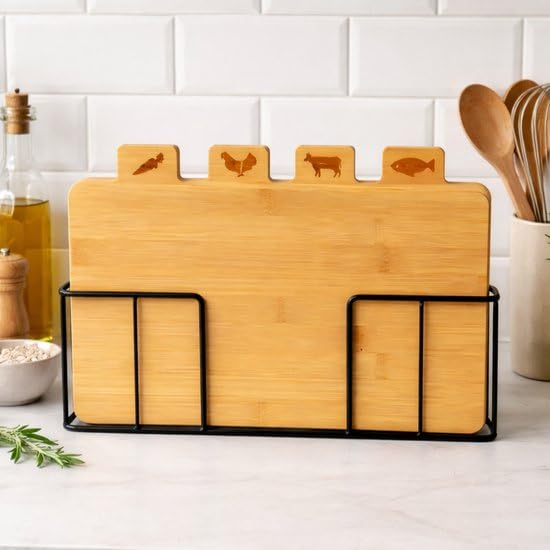 4x Planche à découper en bambou avec support - 28x17 cm - Sans BPA ni PFAS - Planche à découper Bois - Ensemble de planches à découper en bambou - Planche à découper en bois