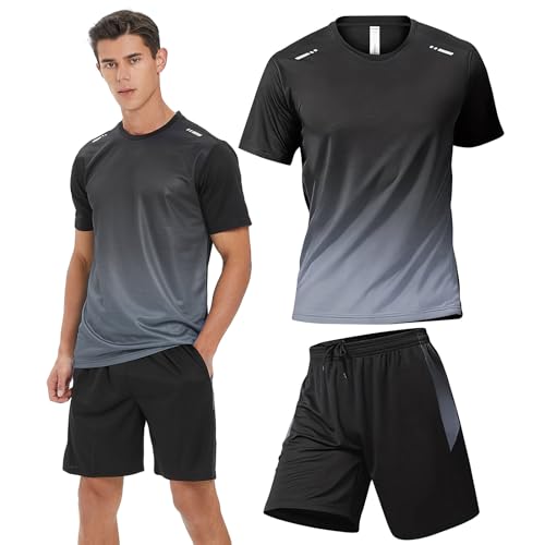 BOOMCOOL Fitnesscenter-Kleidung Trainingsshorts und Langarm-Shirts für Herren, Laufkleidung, schnell trocknend, Sport-Outfit-Sets, 6er-Pack, Schwarz, X-Large