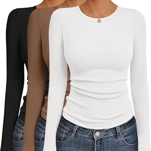 Ekouaer Women's Long Sleeve Shirts 3 Packs Crew Neck Stretchy Fitted Tops Ribbed Base Layer Soft Thermal Undershirts Tee
