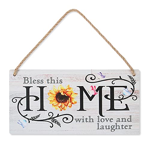 CHDITB New Home Gift Sunflower Rustic Wooden Home Sign Plaque, Bless This Home With Love And Laughter Inspirational…