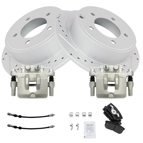 Image of TRQ Performance Rear Brake Pad & Rotor Set Semi Metallic Drilled Slotted G Coated Rotors Calipers Compatible with 11-14 Chrysler 200 08-14 Dodge Avenger 07-17 Jeep Compass Patriot 07-10 Sebring