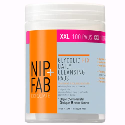 Nip+Fab Glycolic Acid Fix Almohadillas Limpiadoras Diarias para el Rostro con Ácido Hialurónico | Hamamelis | Almohadillas Limpiadoras Exfoliantes AHA | 100 Almohadillas XXL