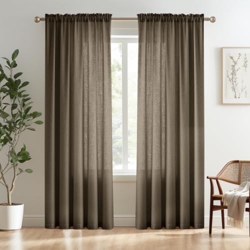 Image of Melodieux Brown Semi Sheer Curtains 84 Inches Long for Living Room Bedroom, Farmhouse Linen Look Shiny Sheer Curtain Drapes Rod Pocket Light Filtering Home Office, 52 inch W x 84 inch L, 2 Panels